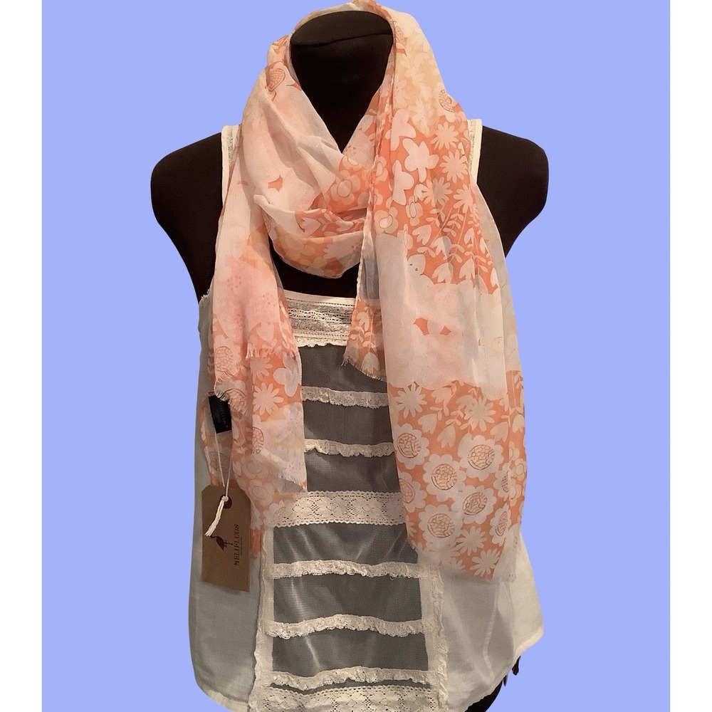 Melifluos Orange Floral Scarf Boho Whimsical Raw Hem Semi-sheer Wrap Scarf NWT